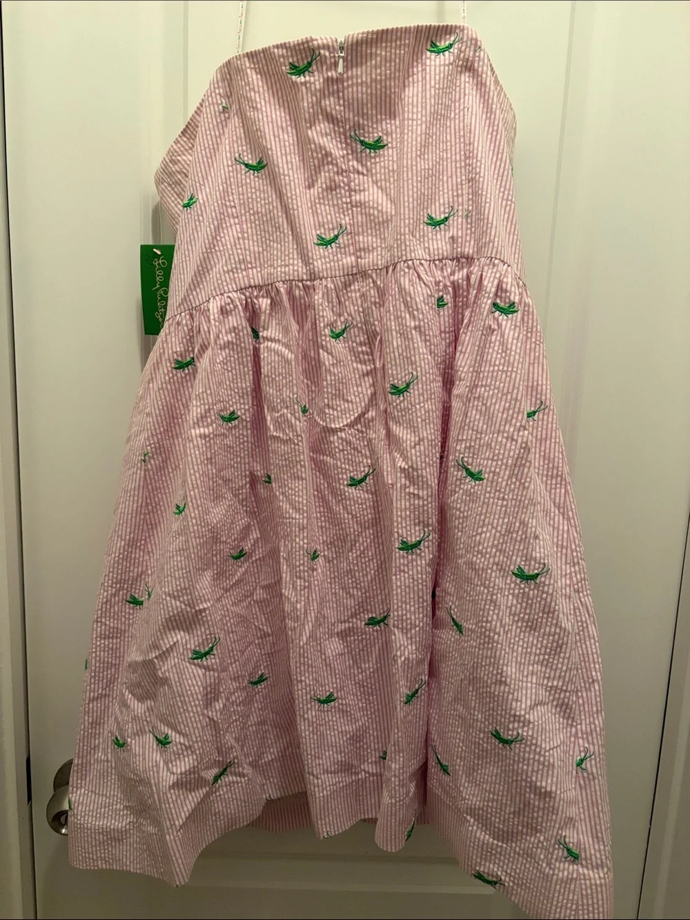 NWT Lilly Pulitzer Pink/White Strapless Seersucker Dress with Green Embroidery - Picture 5 of 7